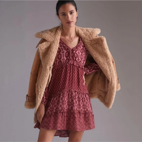 Anthropologie Dress Long Sleeve Tiered Skirt V-Neck Mini Knee Length Loose Fit L - Picture 1 of 15